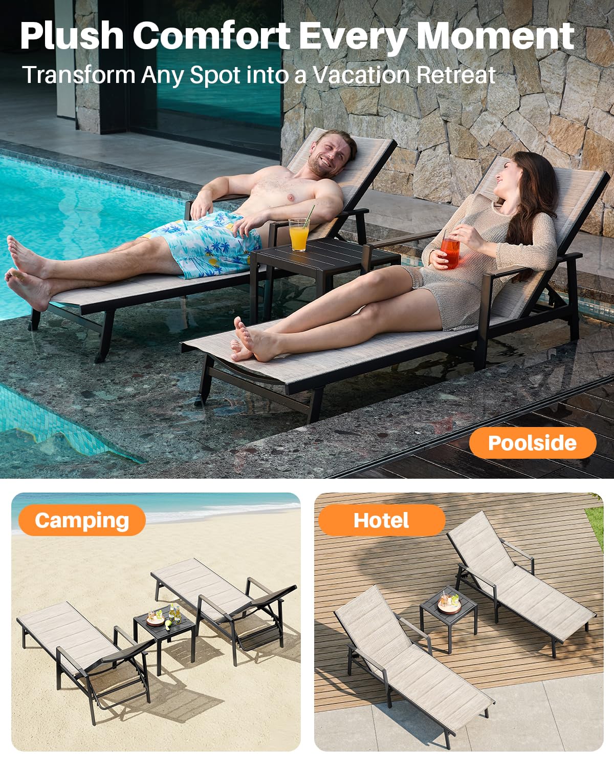 3-Piece Outdoor Chaise Lounge Set with Side Table