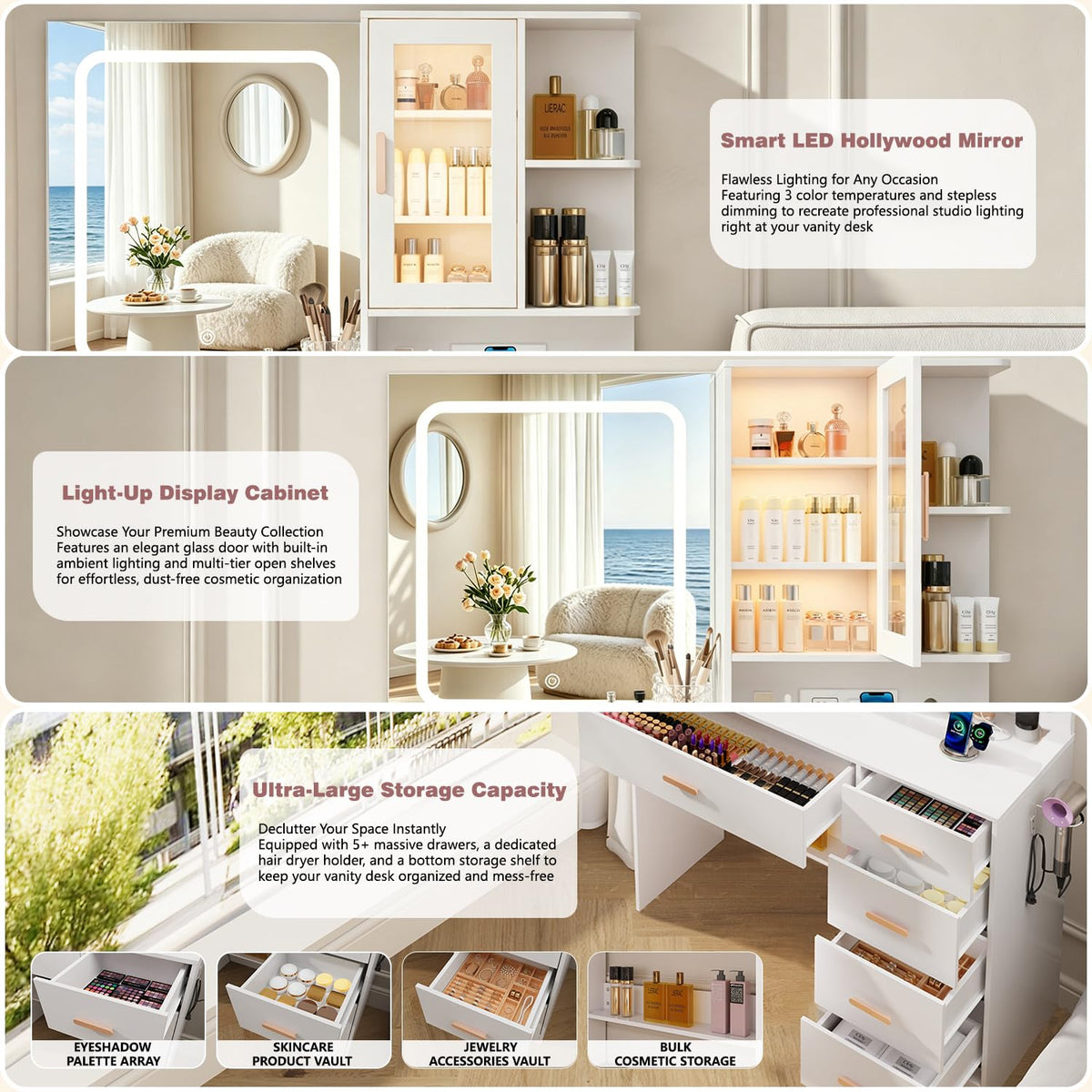 BZK Vanity Desk with LED Lights Mirror, White Makeup Vanity Set with 5 Drawers, Tempered Cabinet, Charging Station, Hair Dryer Rack & Cushion Stool, Dressing Table - Modern Bedroom Furniture