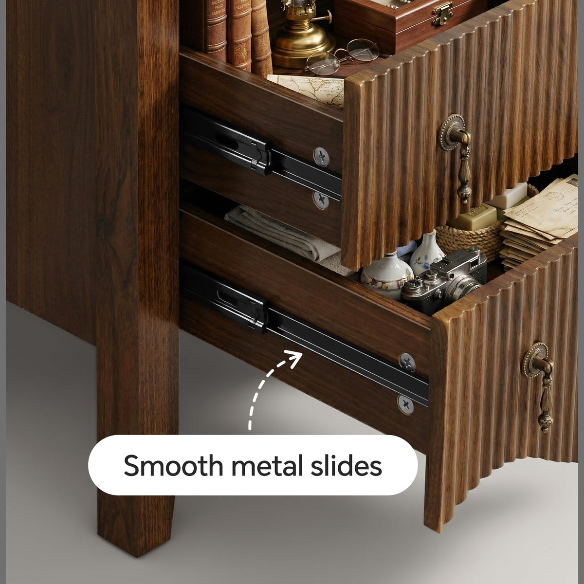 FUSUNBAO Set of 2 Nightstands with Charging Station&3 Fluted Drawers,Walnut
