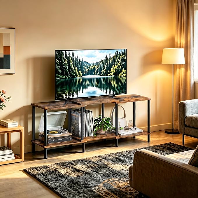 2-Tier Industrial TV Stand with Open Storage Shelves