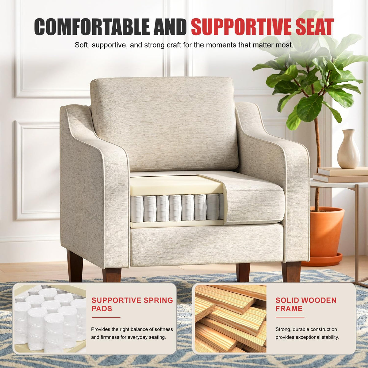 Beige Linen Accent Chairs, Set of 2