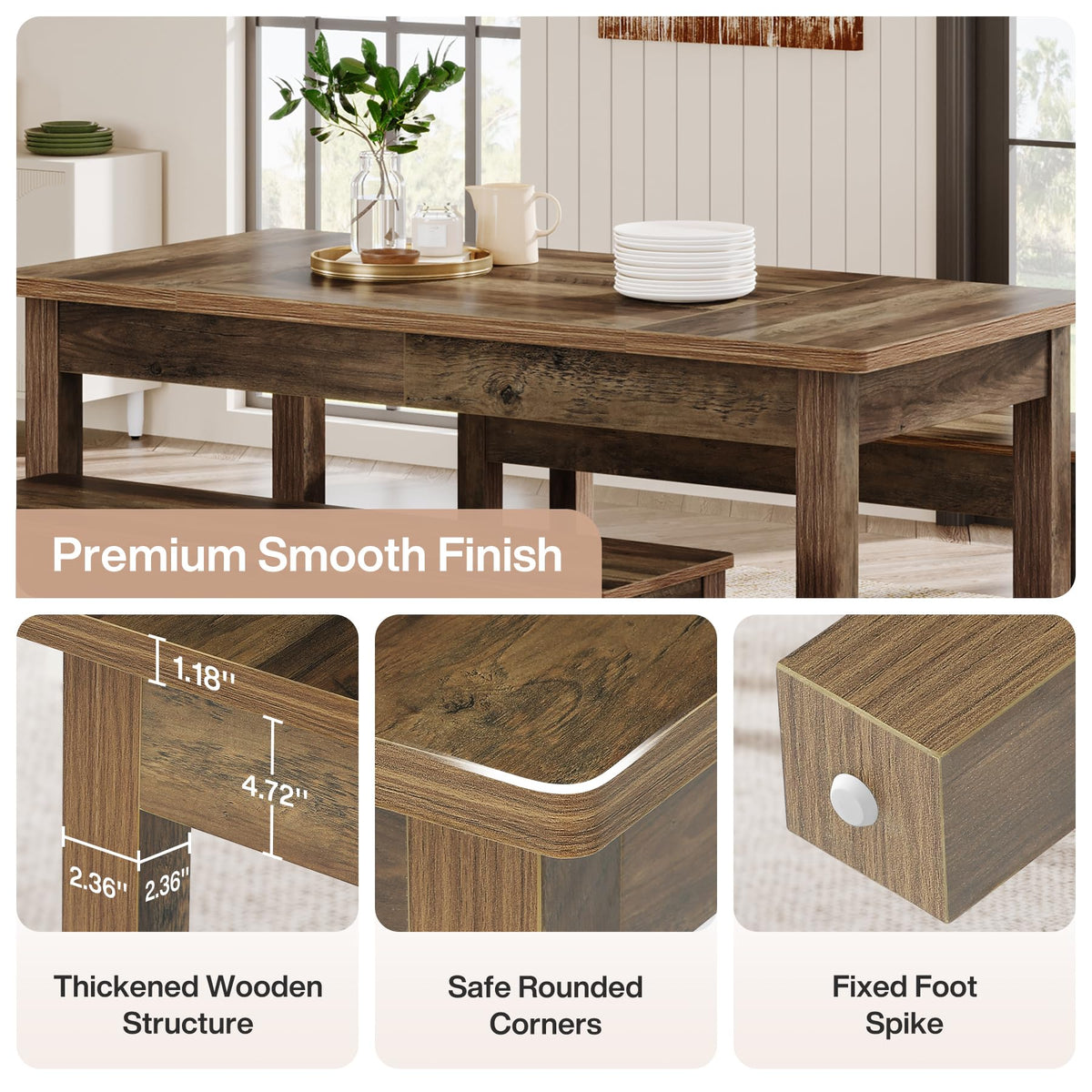 Tribesigns 55" Farmhouse Kitchen Table with 2 Dining Benches, Space Saving Dining Table Set for 4-6, 3 Pieces Wooden Dinette Set for Small Space, Restaurant, Breakfast Nook
