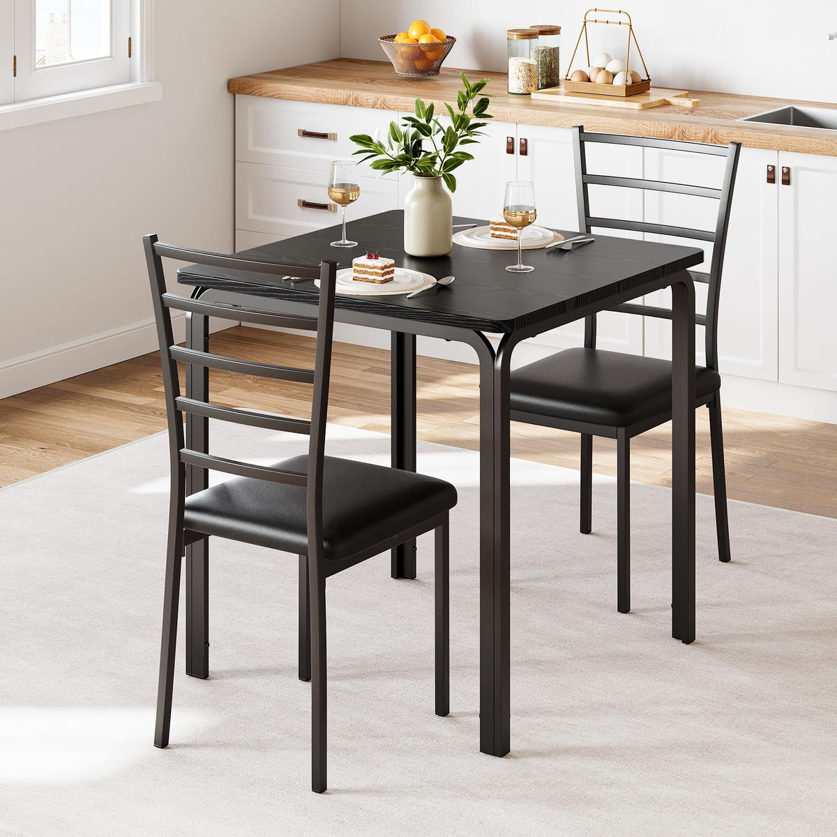 PeacefulHues 3-PCS Small Dining Table Set Kitchen Table and 2 Upholstered Chairs,Table Set Home Furniture Modern Chairs with Metal Legs for Breakfast Nook Kitchen Dining Room,Black