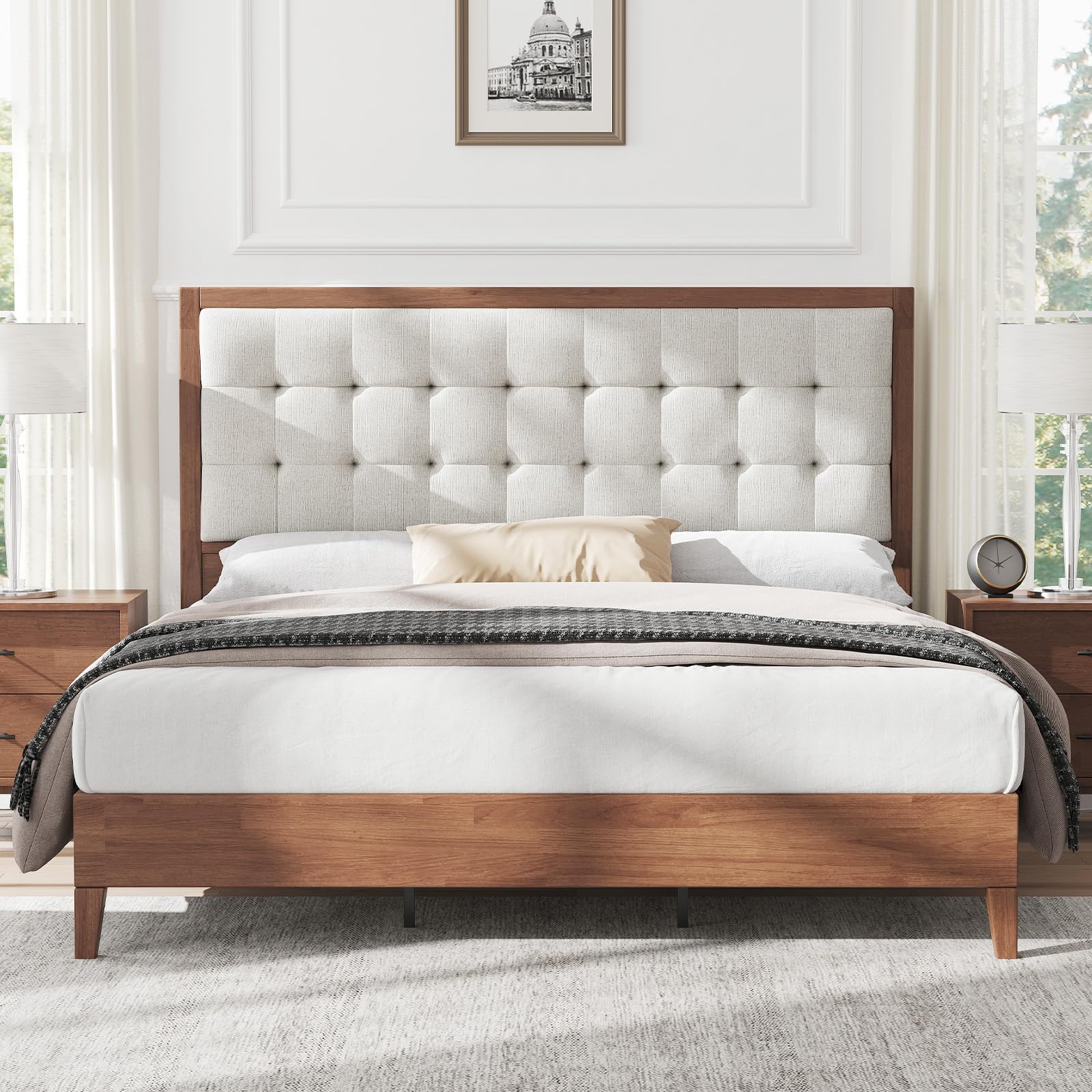 Platform Bed Frame with Tufted Headboard