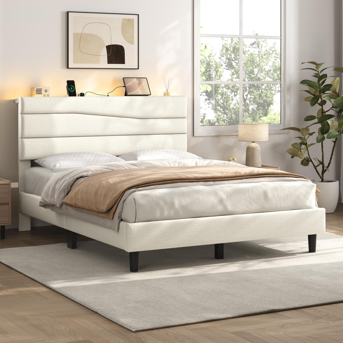 Yaheetech Full Upholstered Bed with LED Charging Station Shelf