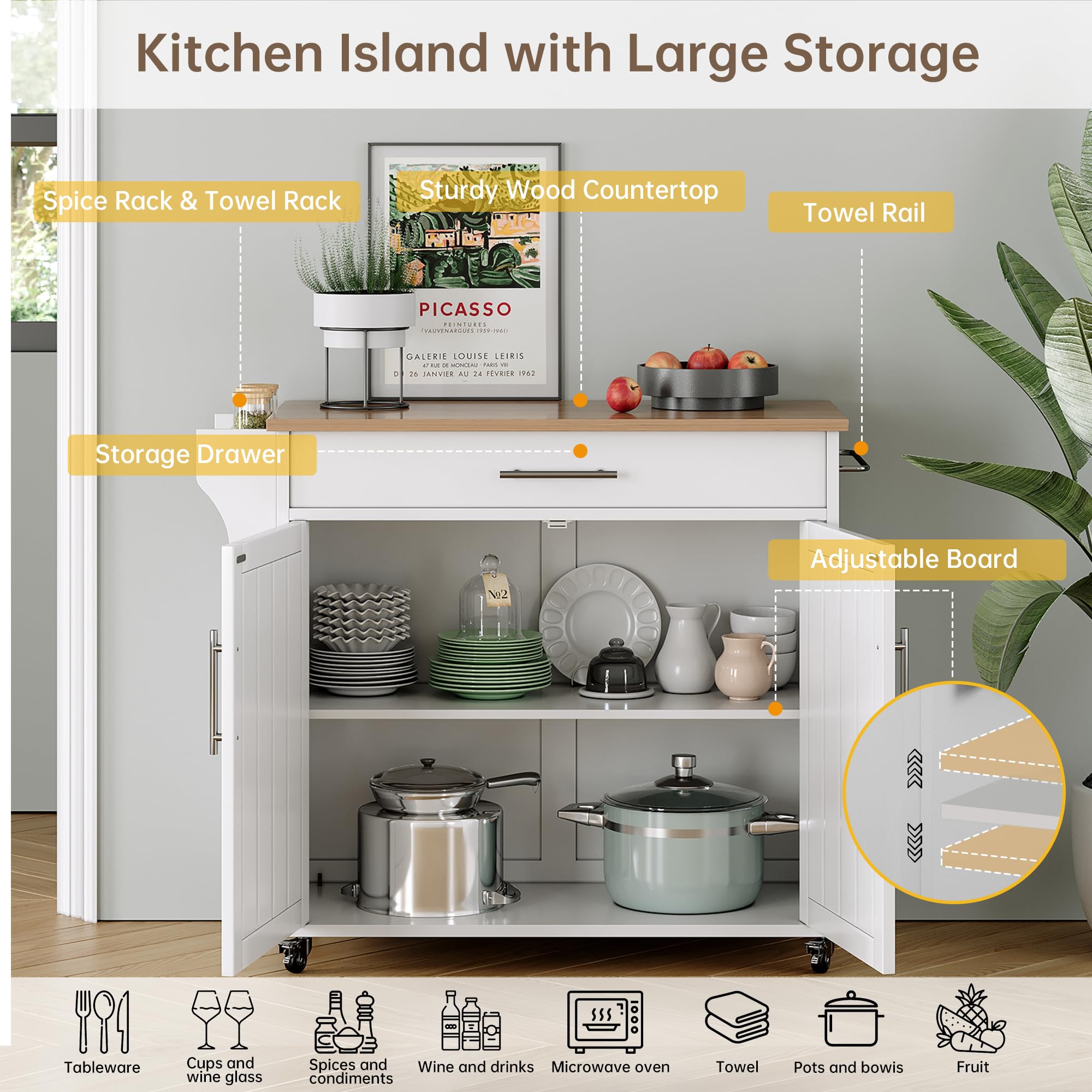Soscana Kitchen Island with Storage, Wooden Rolling Kitchen Island On Wheels with Wood Top, Mobile Kitchen Bar Cart Cabinet with Towel Rack, Spice Rack and Drawers, White