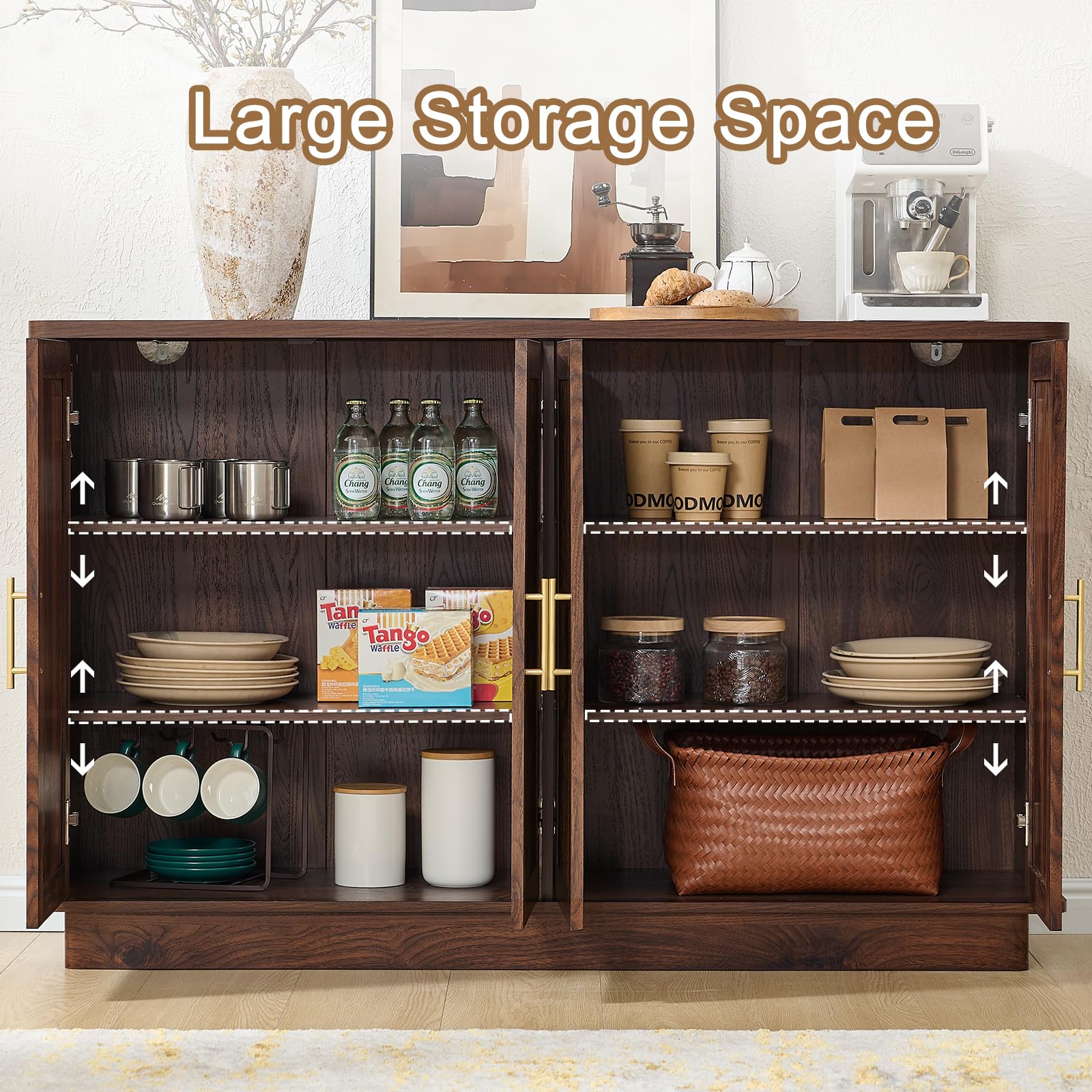 Modern Fluted Sideboard Buffet Cabinet with 4 Doors & Adjustable Shelves