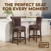 ROME + OAK Set of 3 Runyan 26" Swivel Counter Stool, Rotating High Back Barstool in Dark Walnut Finish with Vintage Brown Vegan Leather Seat