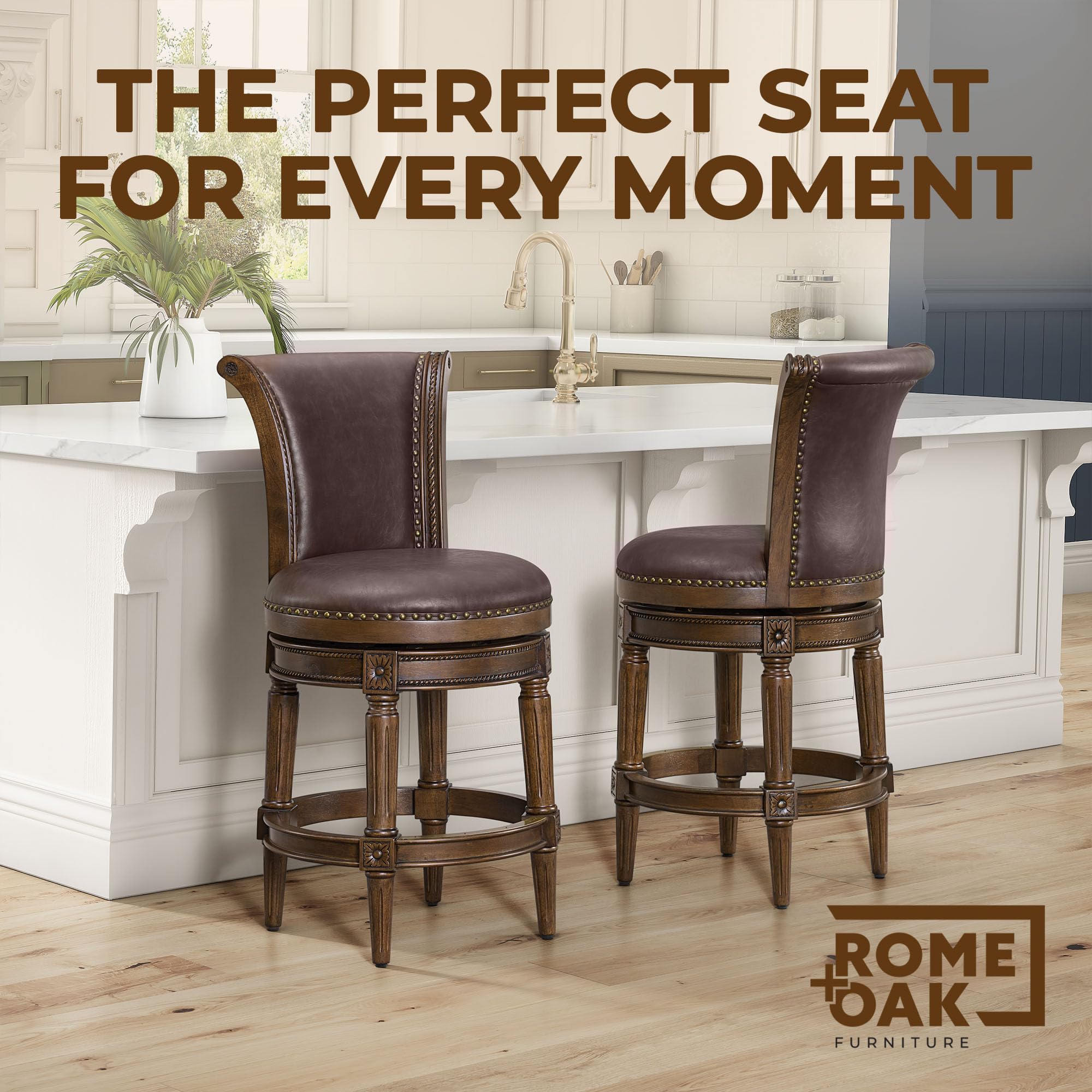 ROME + OAK Set of 3 Runyan 26" Swivel Counter Stool, Rotating High Back Barstool in Dark Walnut Finish with Vintage Brown Vegan Leather Seat