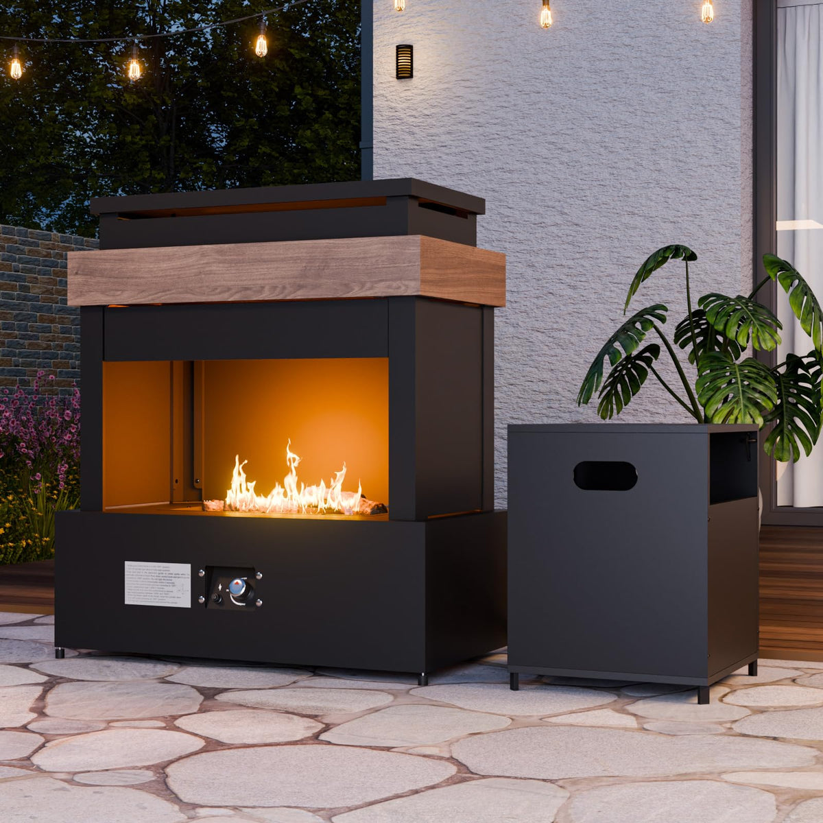 INTER HUT 35'' Smokeless Propane Fireplace with Mesh Door, Black/Beige