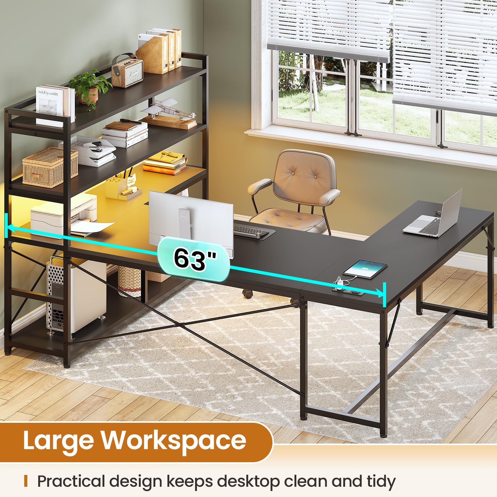L-Shaped Gaming Desk with LED Lights & Storage Shelves