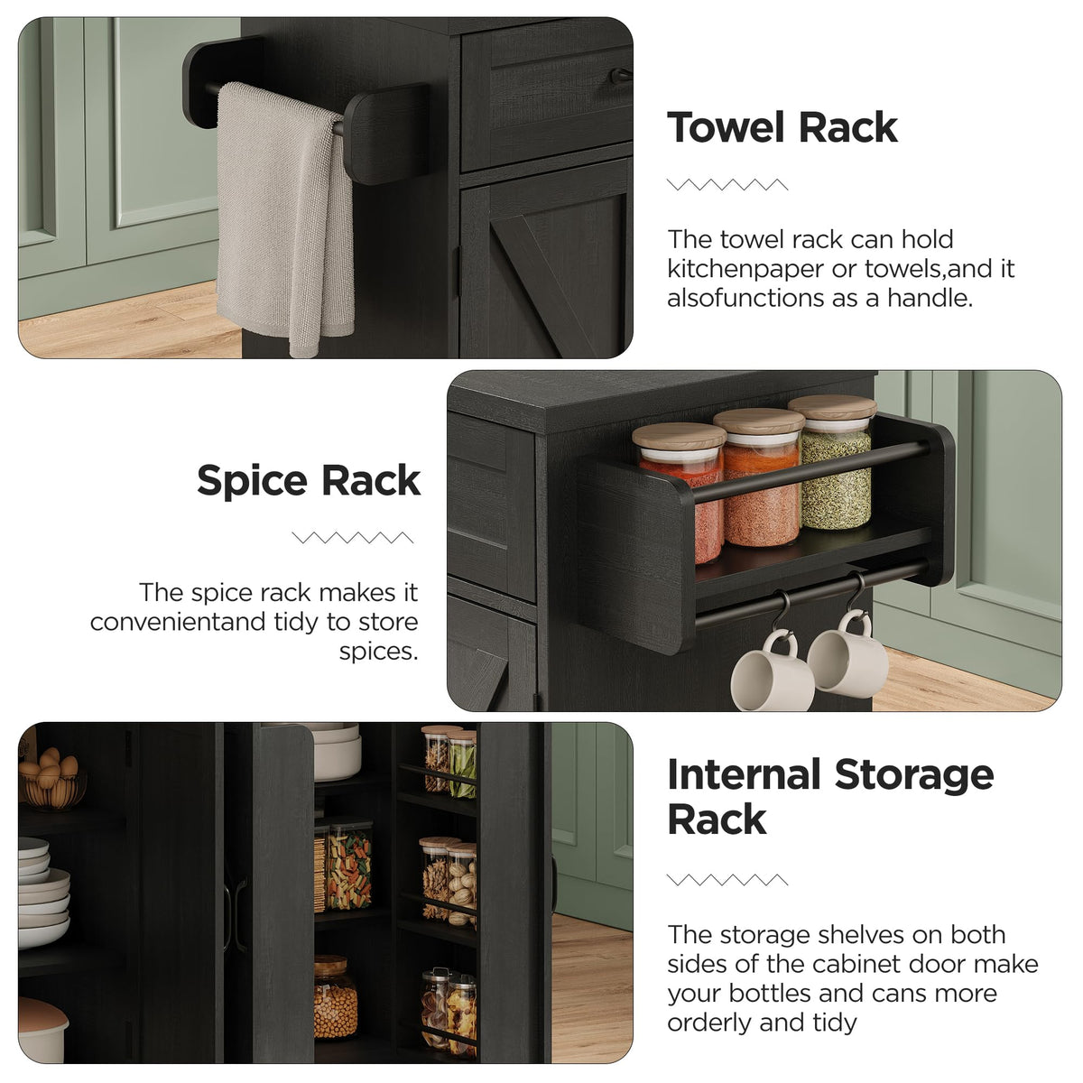 Mobile Kitchen Island, Kitchen Island Cart with 2 Drawers and Charging Station, Island Table for Kitchen, Home Bar Carts with Storage, Kitchen Rolling Island with Spice Rack and Towel Rack,Black