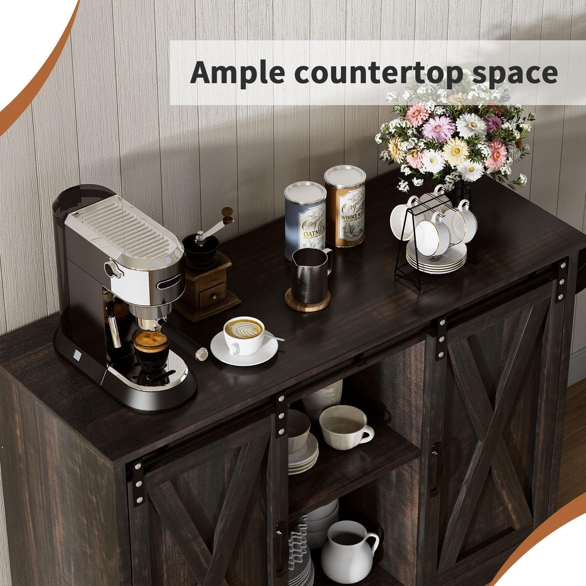 4 EVER WINNER Farmhouse Coffee Bar, 42 Inch Coffee Bar Cabinet, Espresso