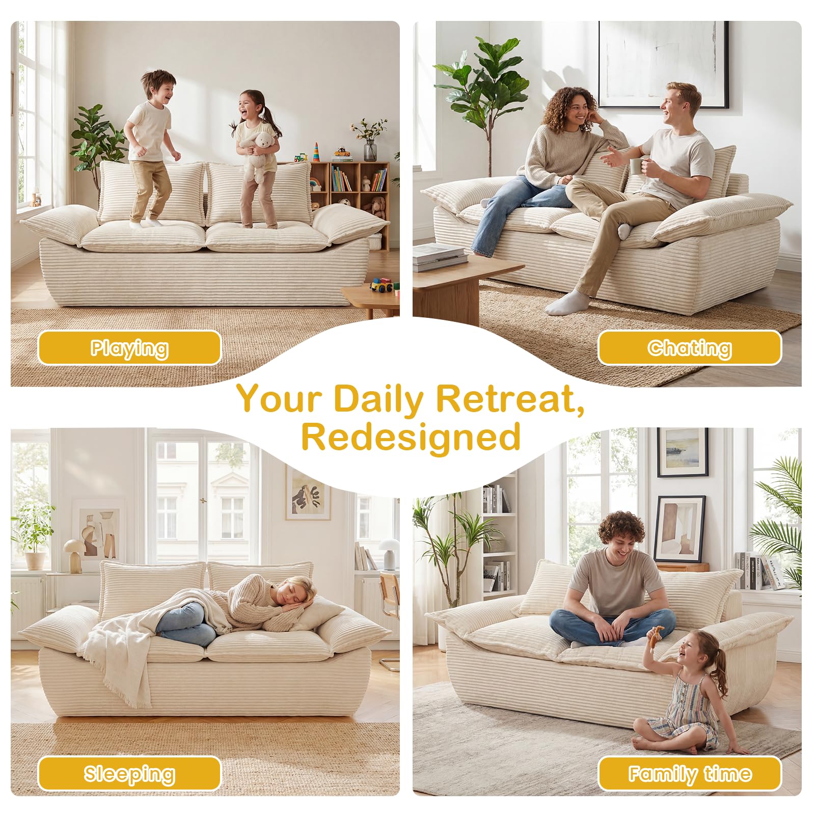 AOLVDOW Boneless Loveseat 56", 2-Seater Beige Boneless Sofa with Removable Cushions & 2 Pillows, Small Boneless Couch Compress Foam Sofa for Living Room, Apartments, & Office