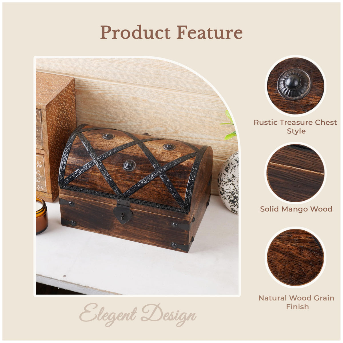 Ajuny Wooden Treasure Chest Pirate Keepsake Jewelry Box - 9x6x6 Inch