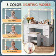 WLIVE White Vanity Desk with Chair, Adjustable Mirror and 3 Color Lights