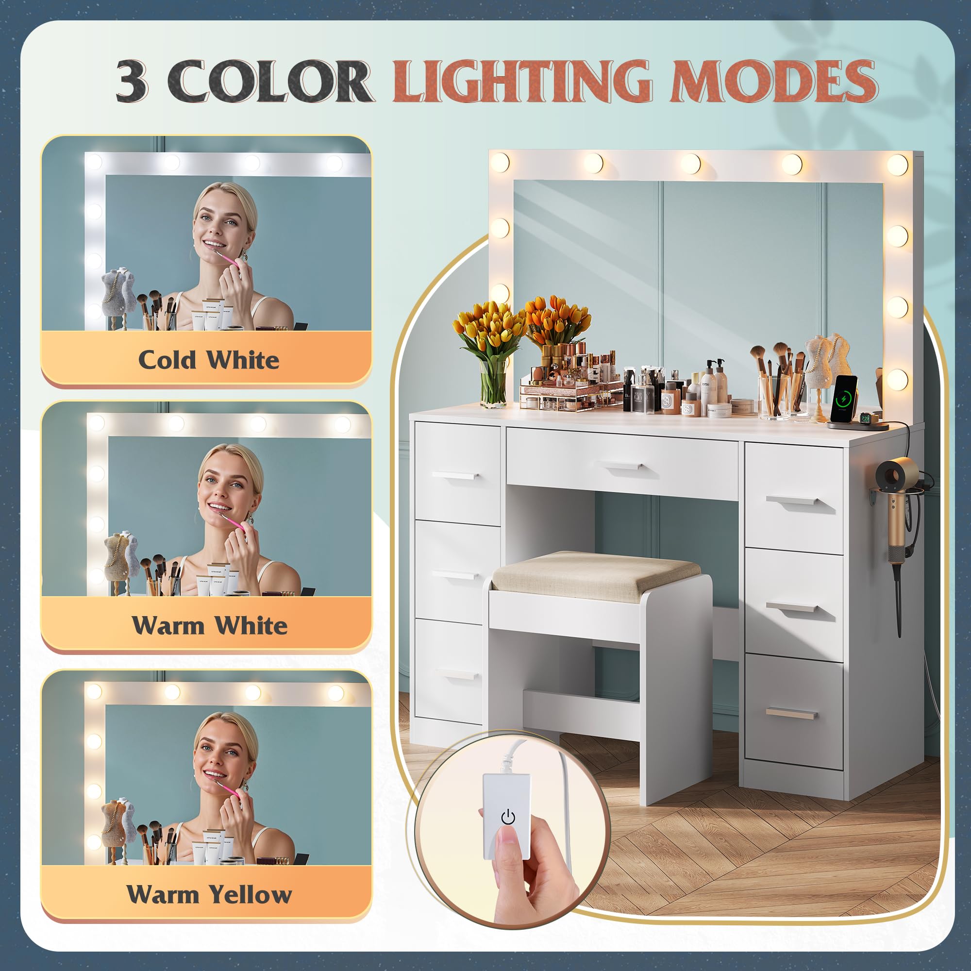 WLIVE White Vanity Desk with Chair, Adjustable Mirror and 3 Color Lights