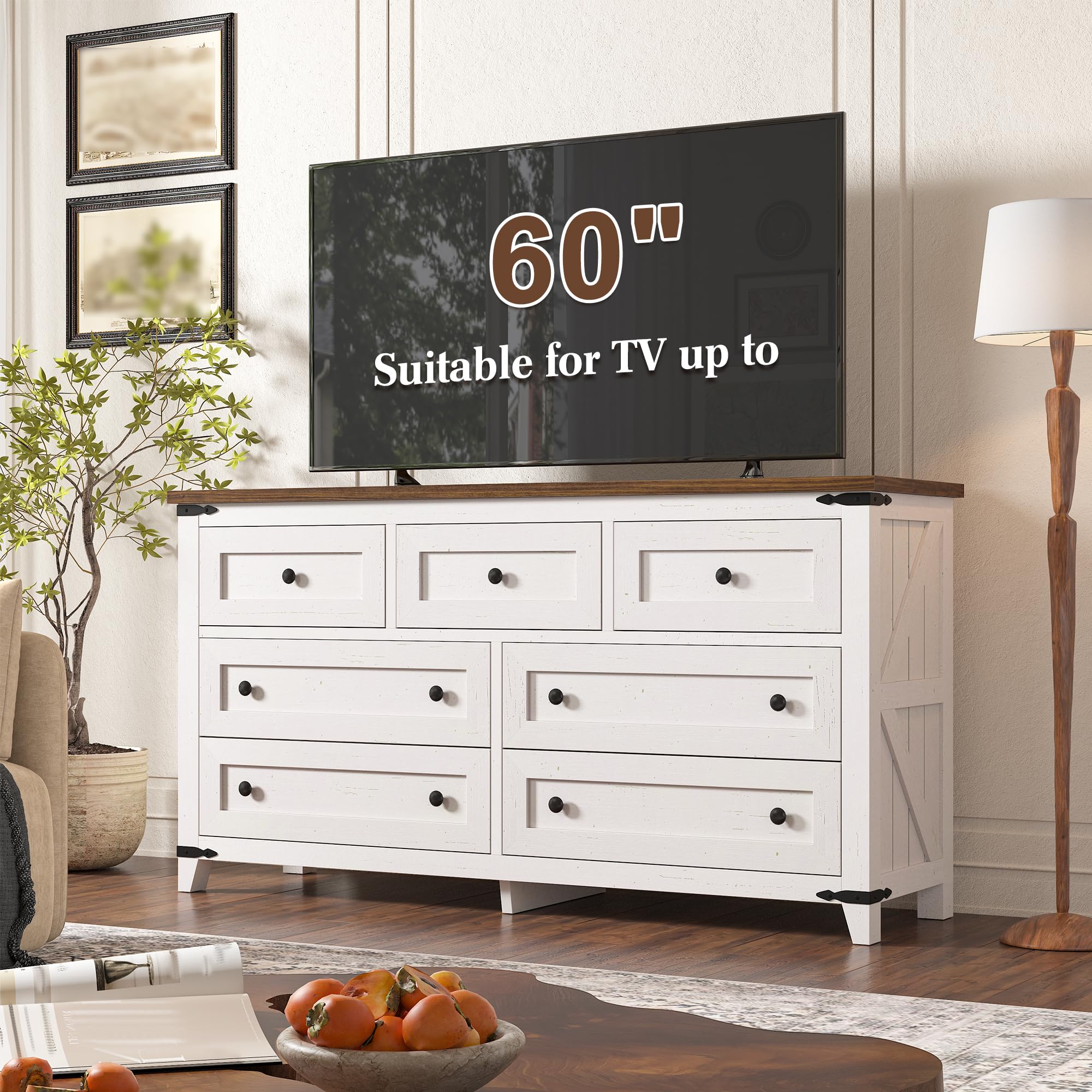 EnHomee Dresser for Bedroom with 7 Drawers White Dresser with Smooth Metal Rail TV Stand for Bedroom, Hallway, 15" D x 51.2" W x 31.5" H, Antique White