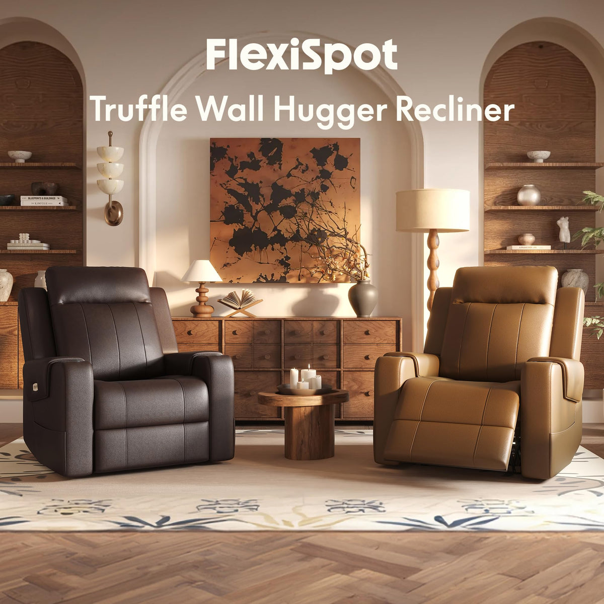 FLEXISPOT Truffle Top Grain Leather Power Wall Hugger Recliner, Light Brown