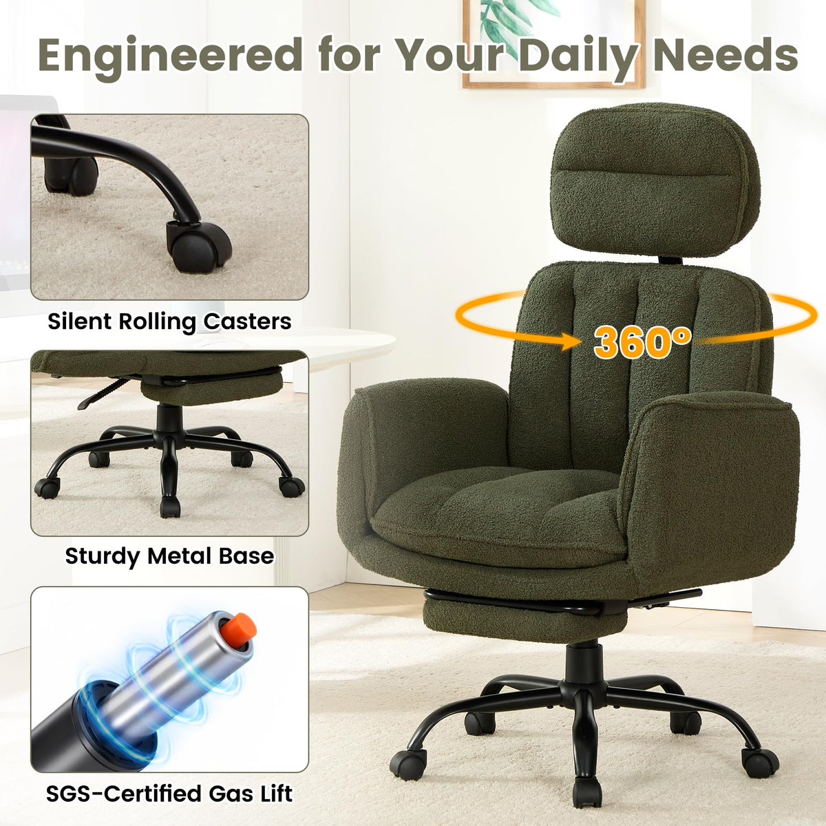 YUUIJOAA Big and Tall Office Chair with Flip Armrests, Teddy Criss Cross Legged Ergonomic Computer Gaming Chair with Foot Rest, Extra Wide Seat Office Desk Reclining Chair with Pet Seat, Green