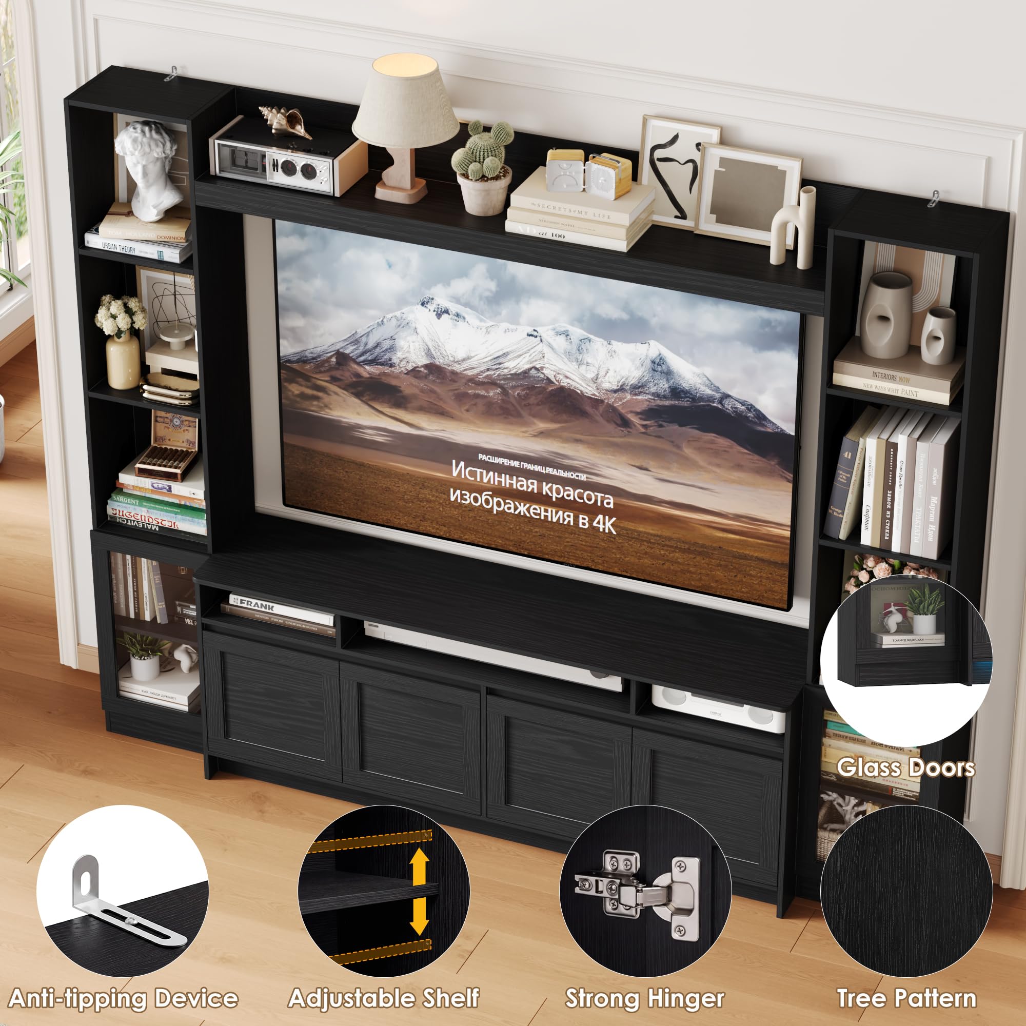 FACBOTALL 79" W Entertainment Center with Bookshelves & Storage Cabinet, Modern Wall Unit TV Stand for TVs up to 60", Large TV Console with LED Lights for Living Room, Black