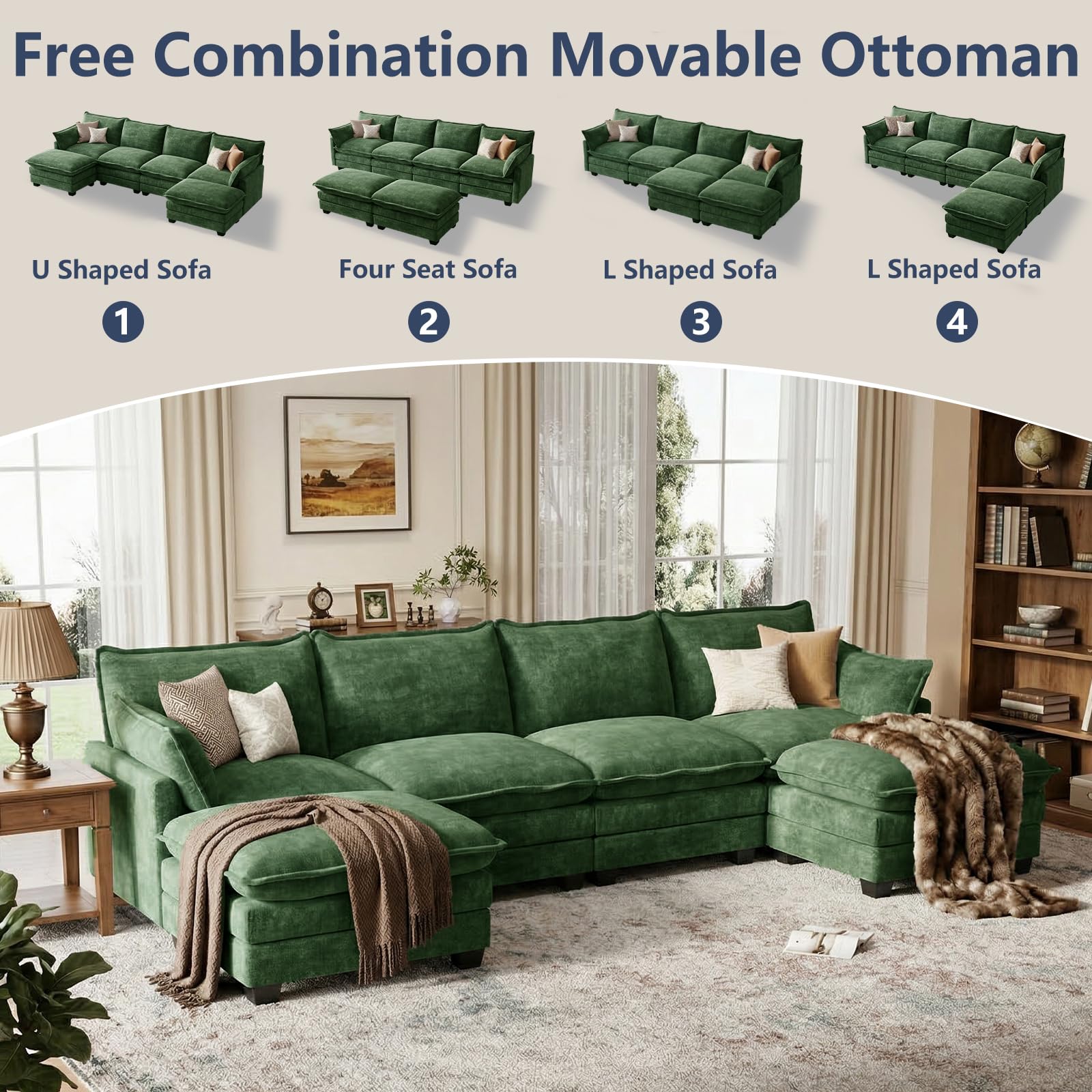 OhaiAura U Shaped Modular Sectional Sofa, Cloud Couch with Movable Ottoman, Comfy Chenille Sofa with Pillows for Living Room, Bedroom, Apartment, Green