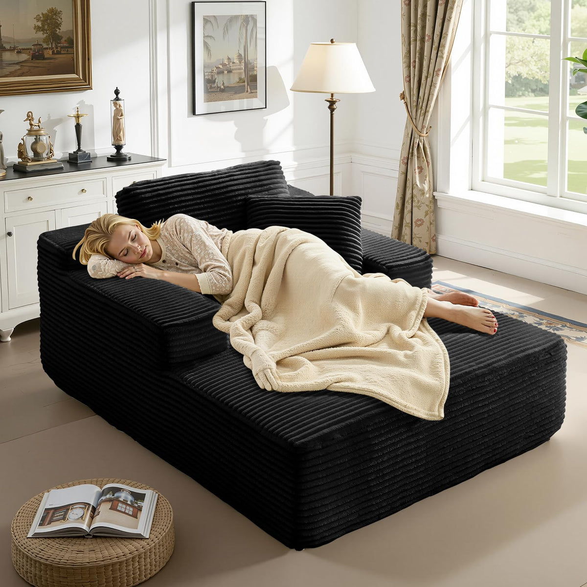 Meqiodas 65 Inch Oversized Indoor Chaise Lounge,Black
