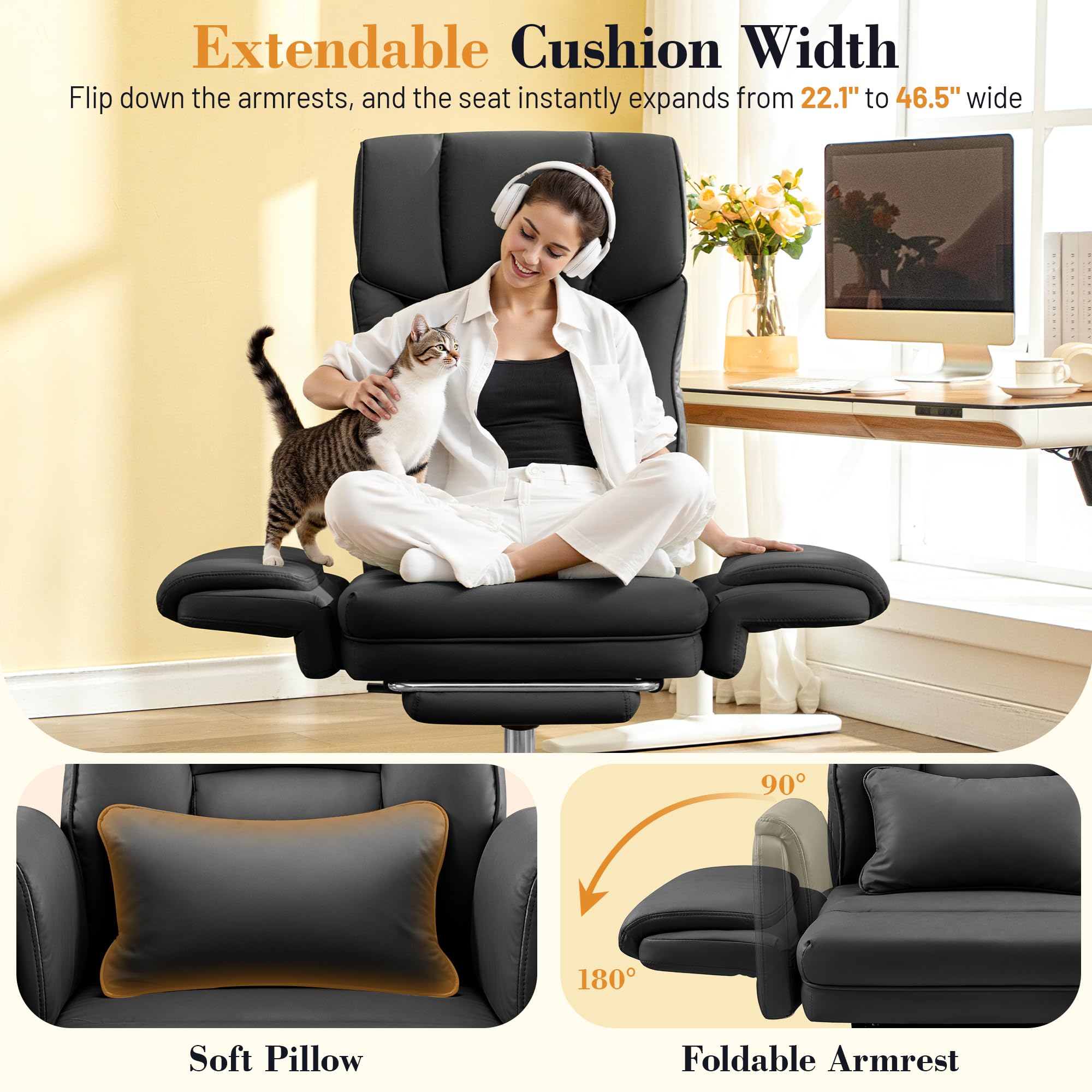 Wide Reclining Office Chair with Footrest & Lumbar Support