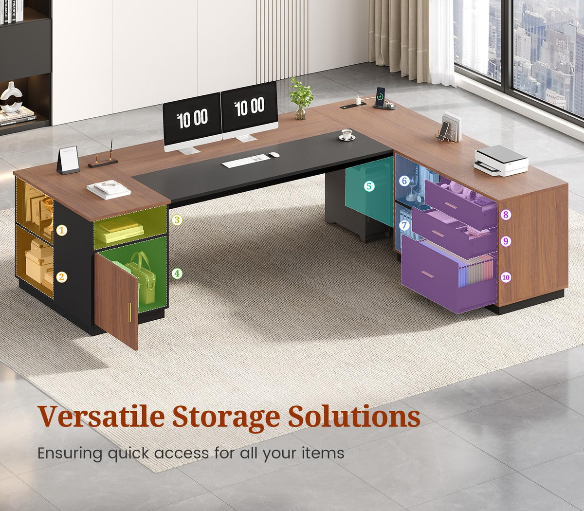 L-Shaped Executive Desk with File Cabinet