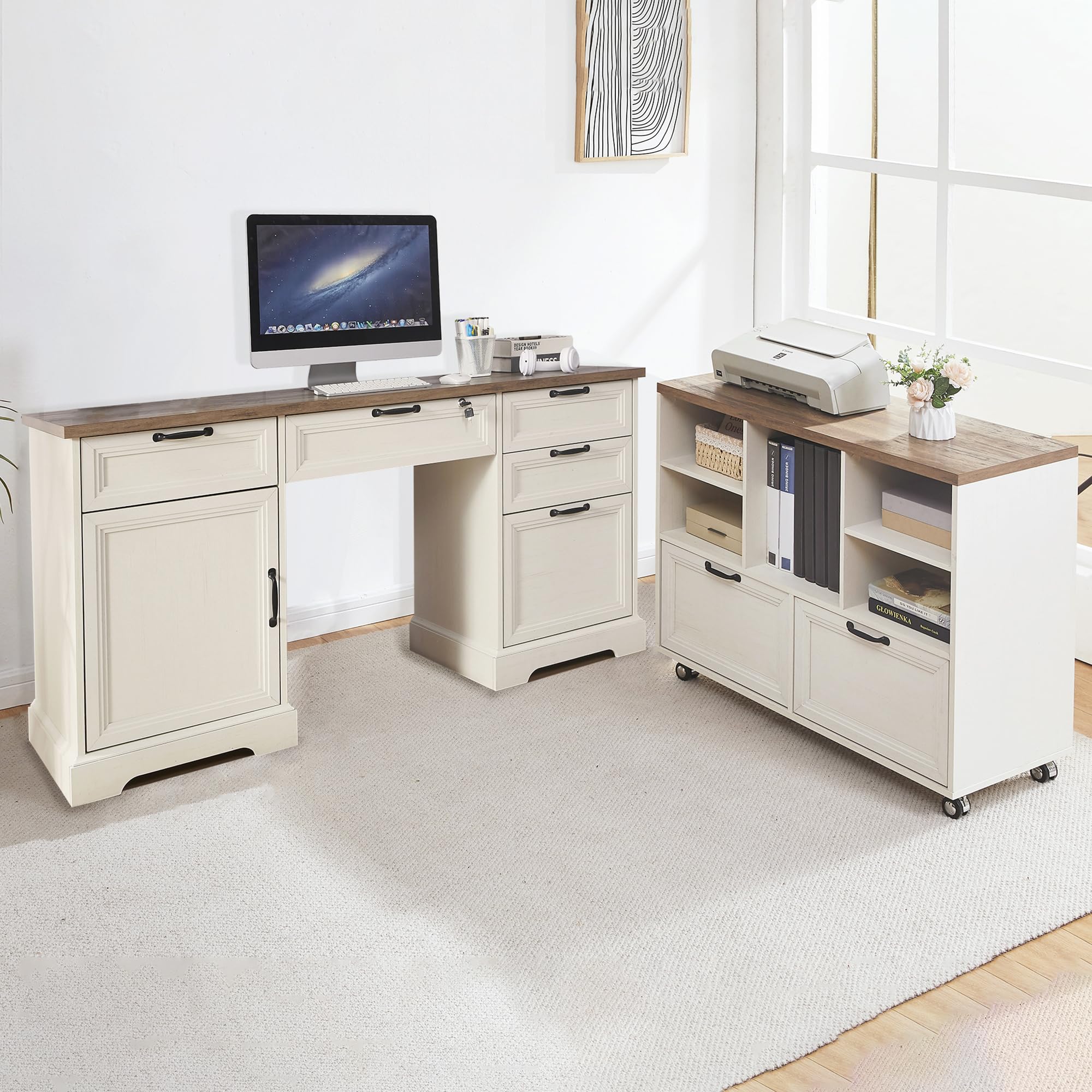 60" Farmhouse Executive Desk with Mobile File Cabinet