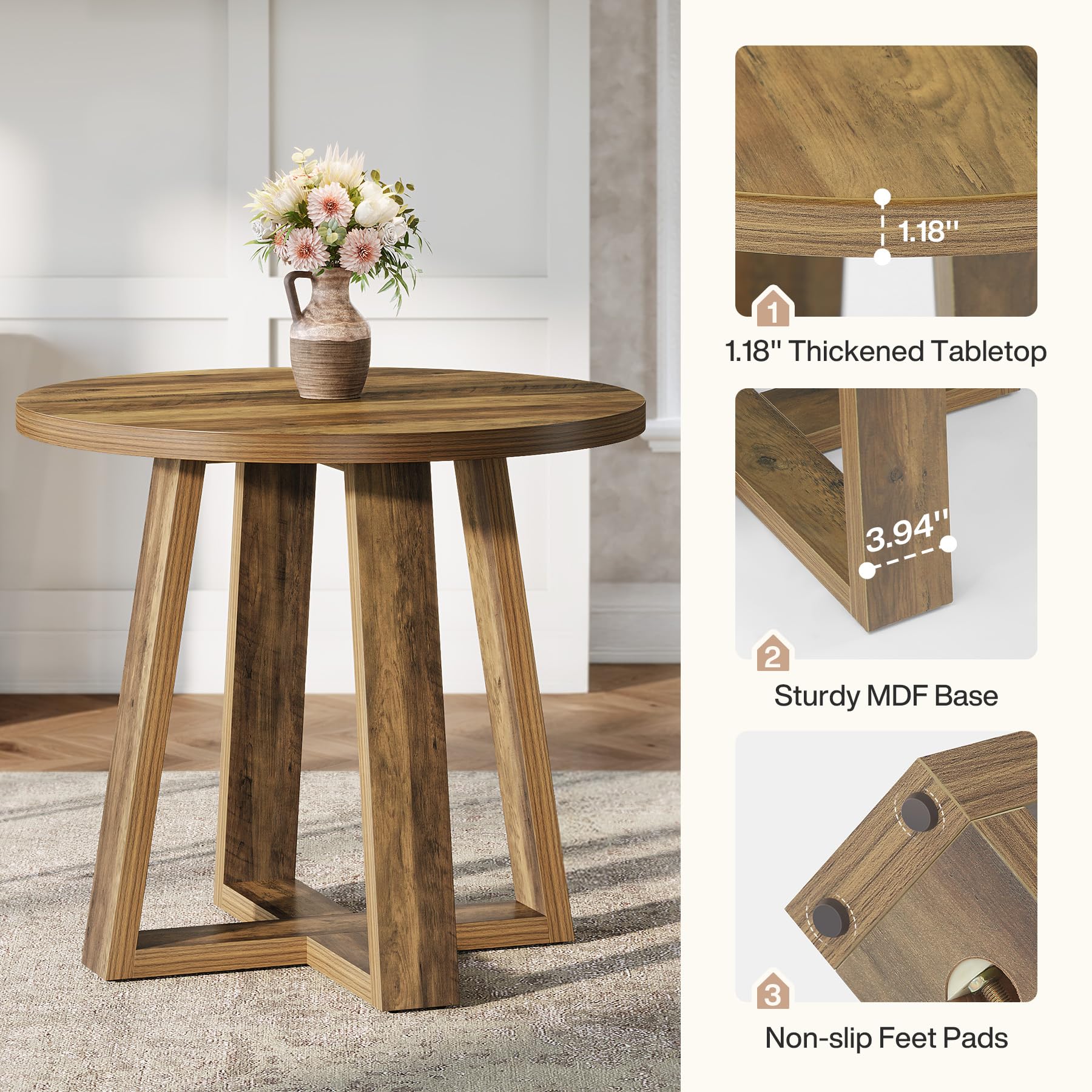 Tribesigns Small Round Dining Table for 2-4 People, 31.5 Inches Farmhouse Kitchen Table for Small Space, Dining Room, Kitchen, Apartment, Rustic Brown