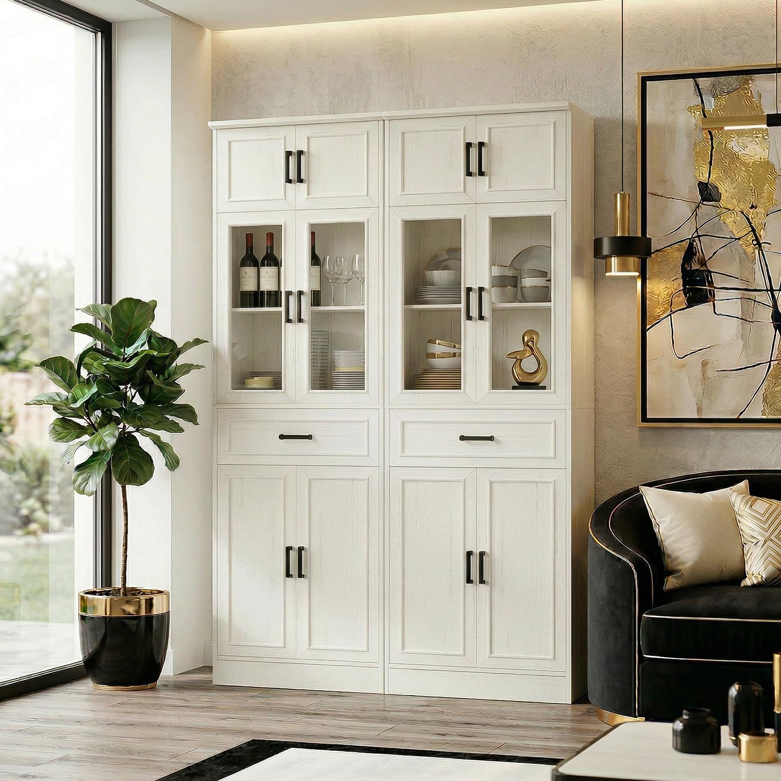 Tall Kitchen Pantry Storage Cabinet with Glass Doors