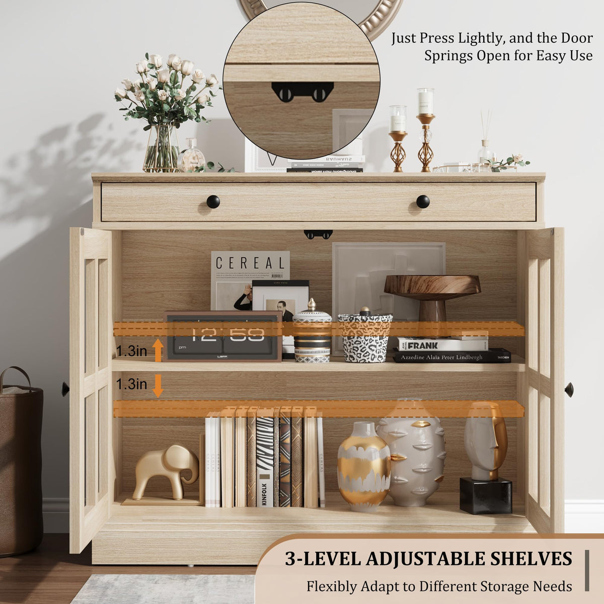 GarveeHome Modern 35.4" Sideboard Buffet Cabinet with Glass Door, Oak