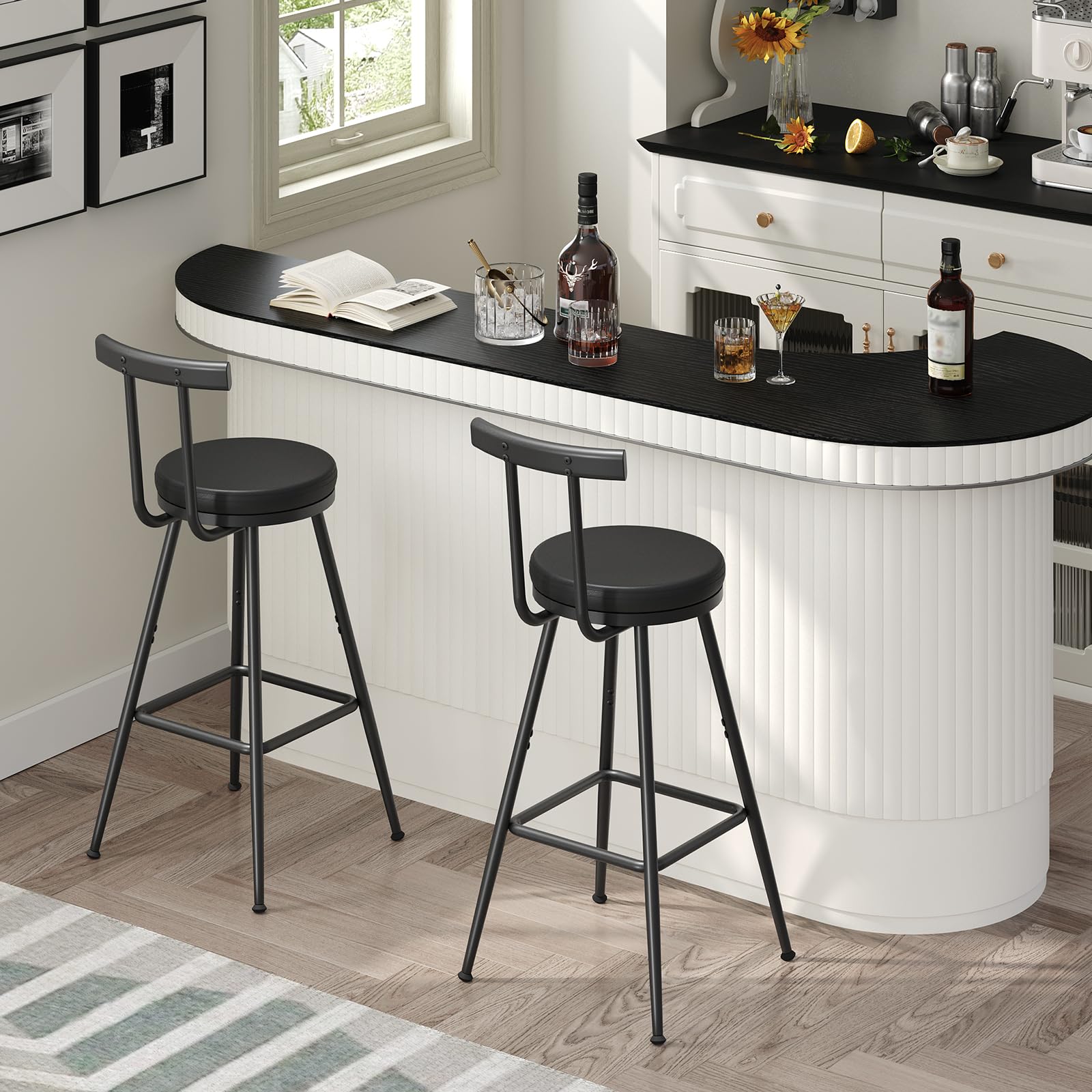 Black PU Bar Stools with Backrest & Footrest, Set of 2