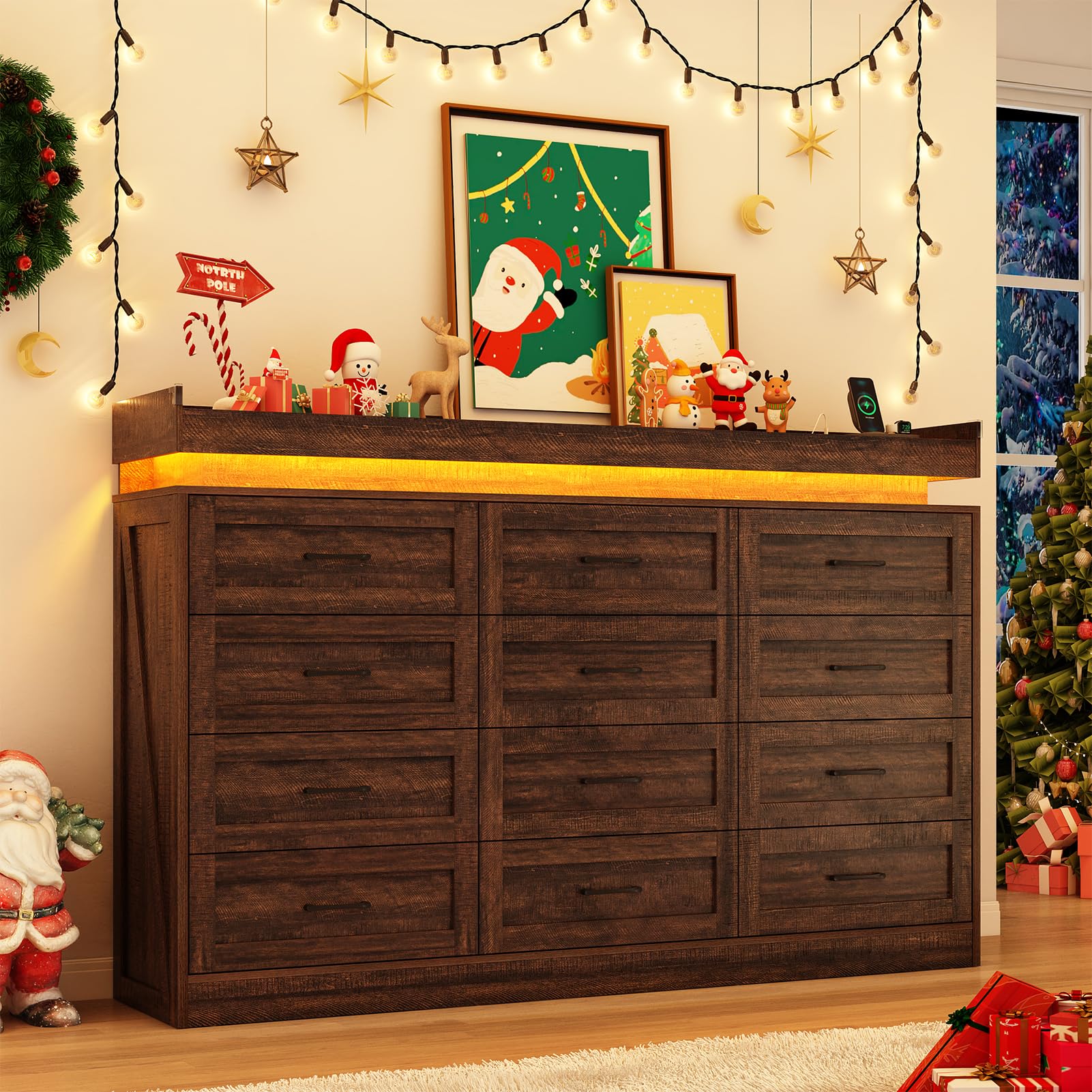 Farmhouse 12-Drawer Dresser with LED Light & Power Outlets