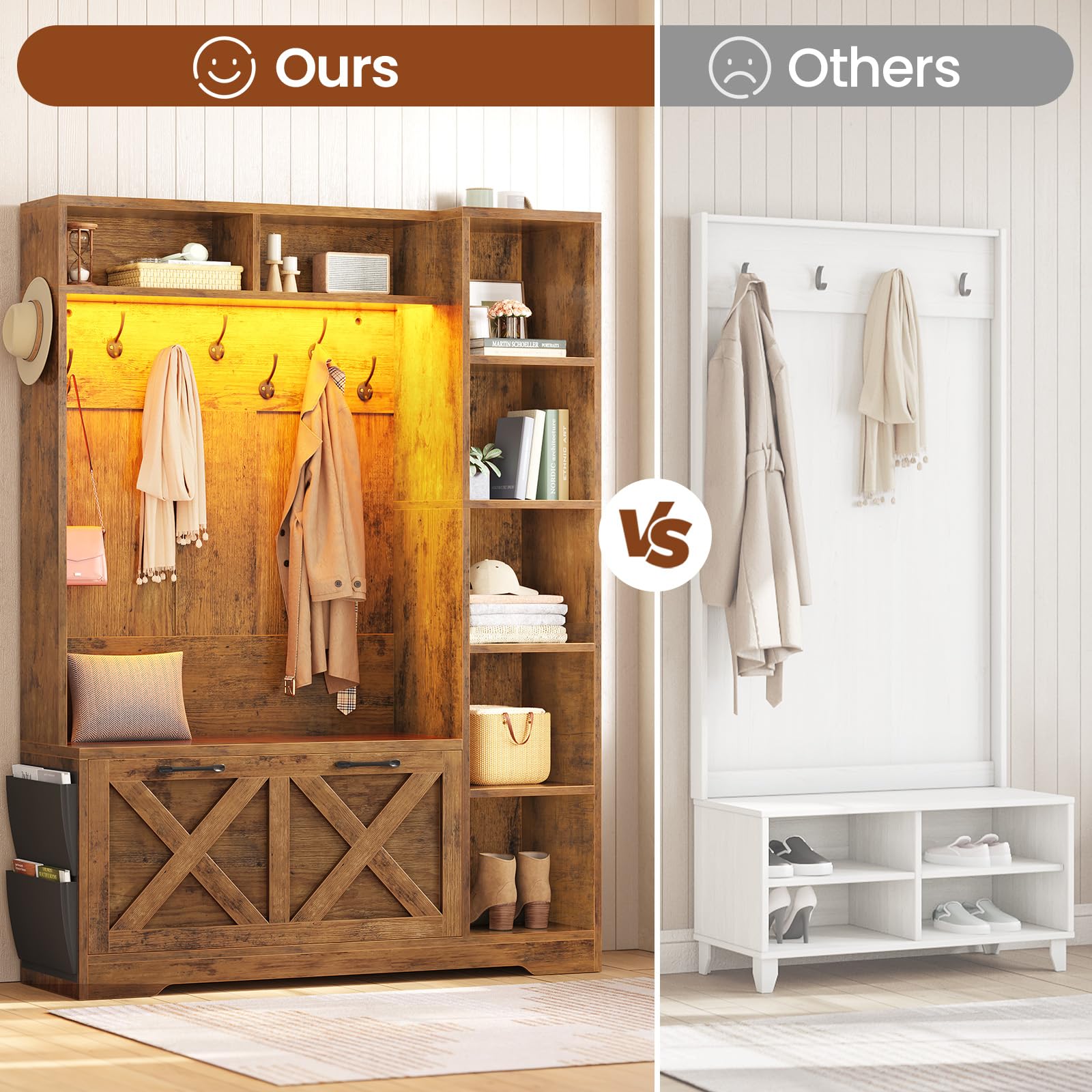 6-in-1 Hall Tree with Bench & Shoe Storage