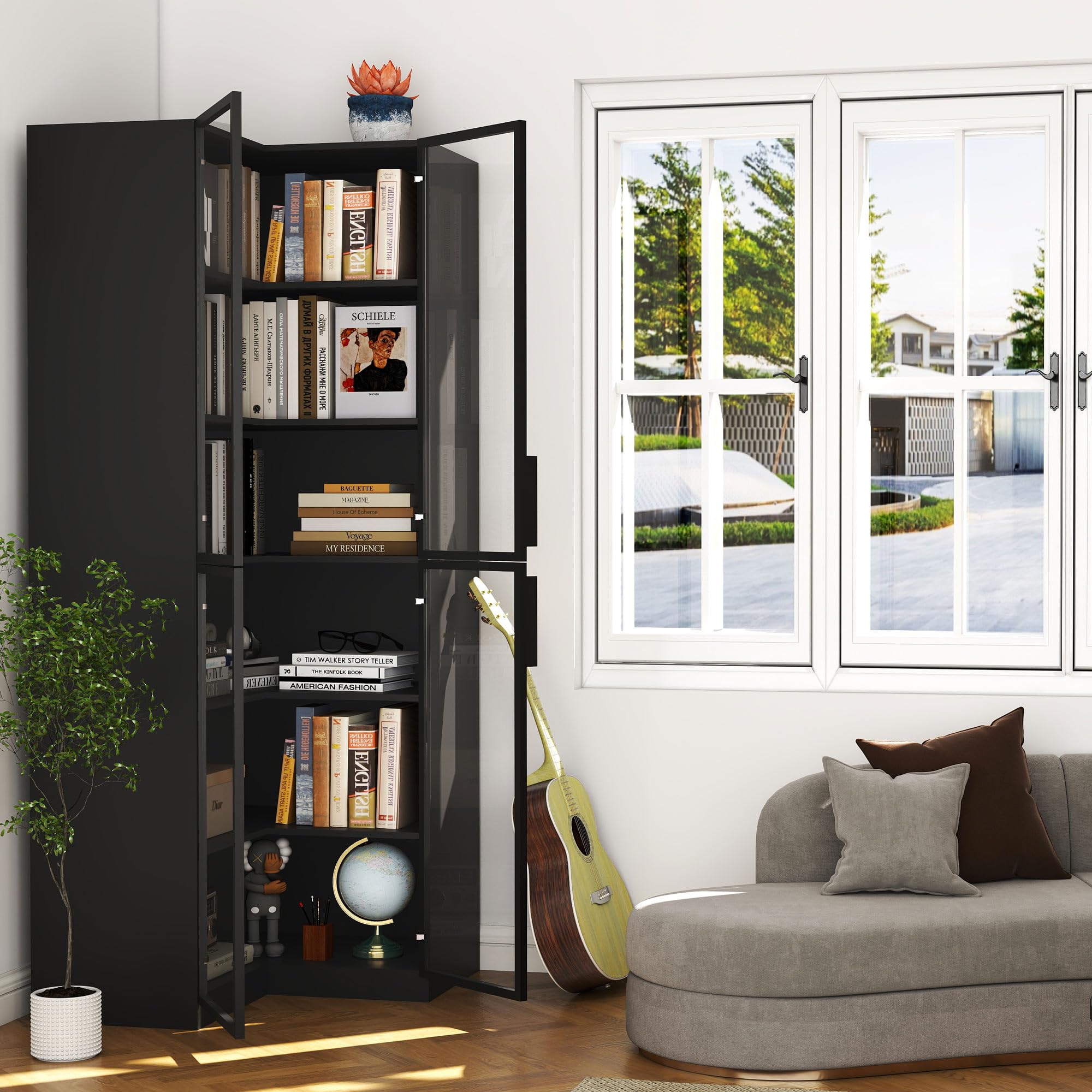 L-Shaped Corner Bookcase with Glass Doors & LED Lights