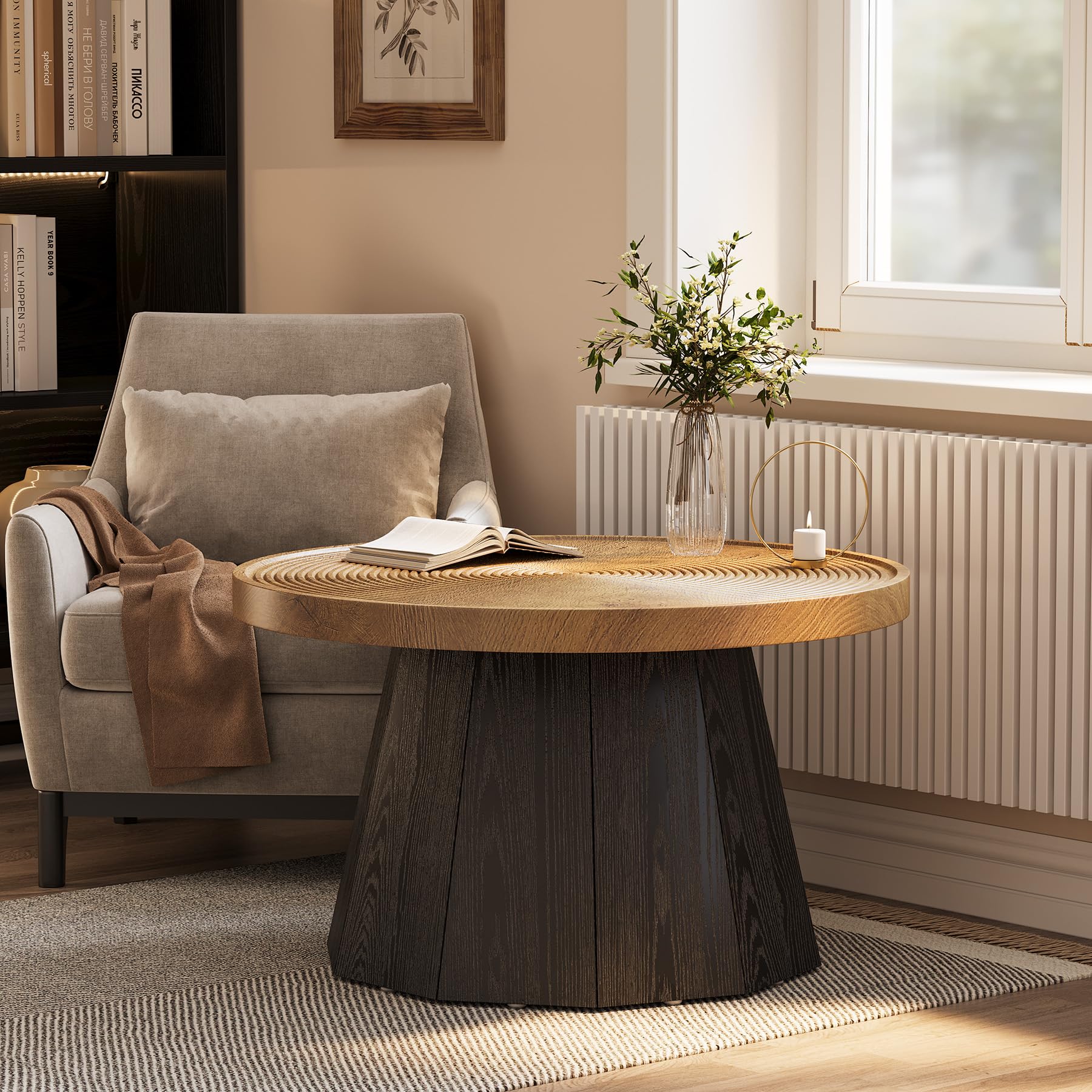 LITTLE TREE Round Coffee Table for Living Room, 31.5-Inch Farmhouse Center Table, Modern Circle Wooden Tea Tables for Office, Small Space, Reception, Brown