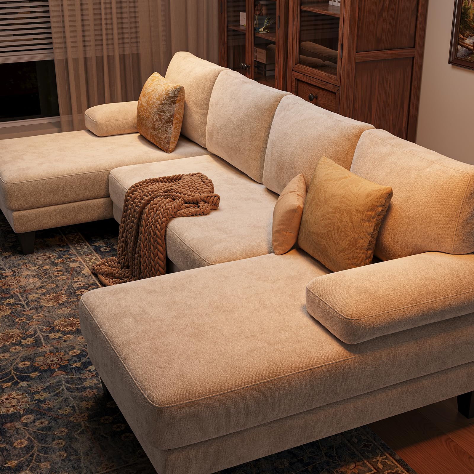 TROMIRY Sectional Couches for Living Room | 112 Inch U-Shaped Sectional Couch | 4 Seat Sofa Set with Double Chaise for Apartment | Warm White Chenille