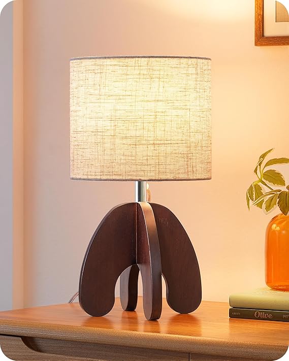 Wood Bedside Table Lamp with Linen Shade