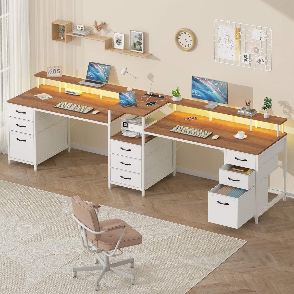 98 Inch 2 Person Desk with 9 Drawers and Outlets for Home Office ＆ Gaming
