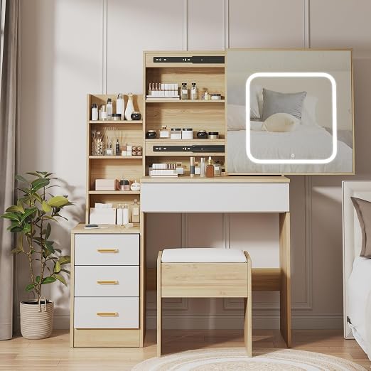 Vanity Desk with Sliding LED Mirror & Cushioned Stool