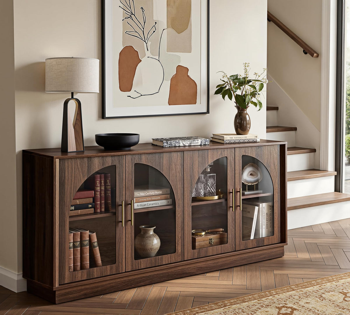FORTUNETEC 64" Sideboard Buffet Cabinet with Arched Glass Doors,Dark Walnut