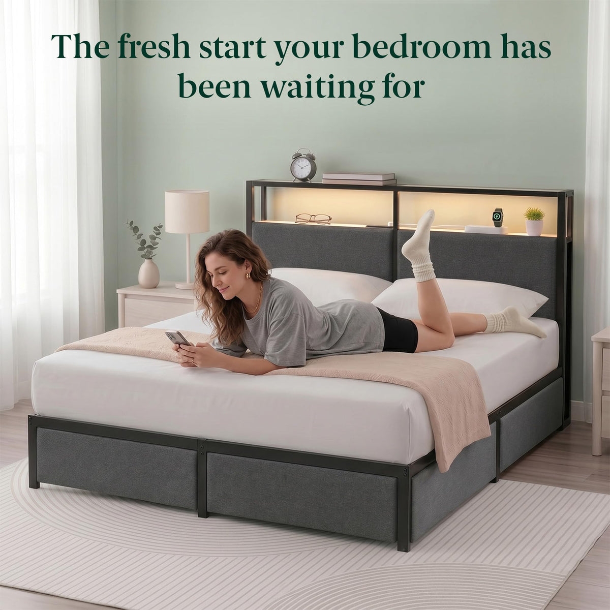 Queen Upholstered Storage Bed with LED Lights