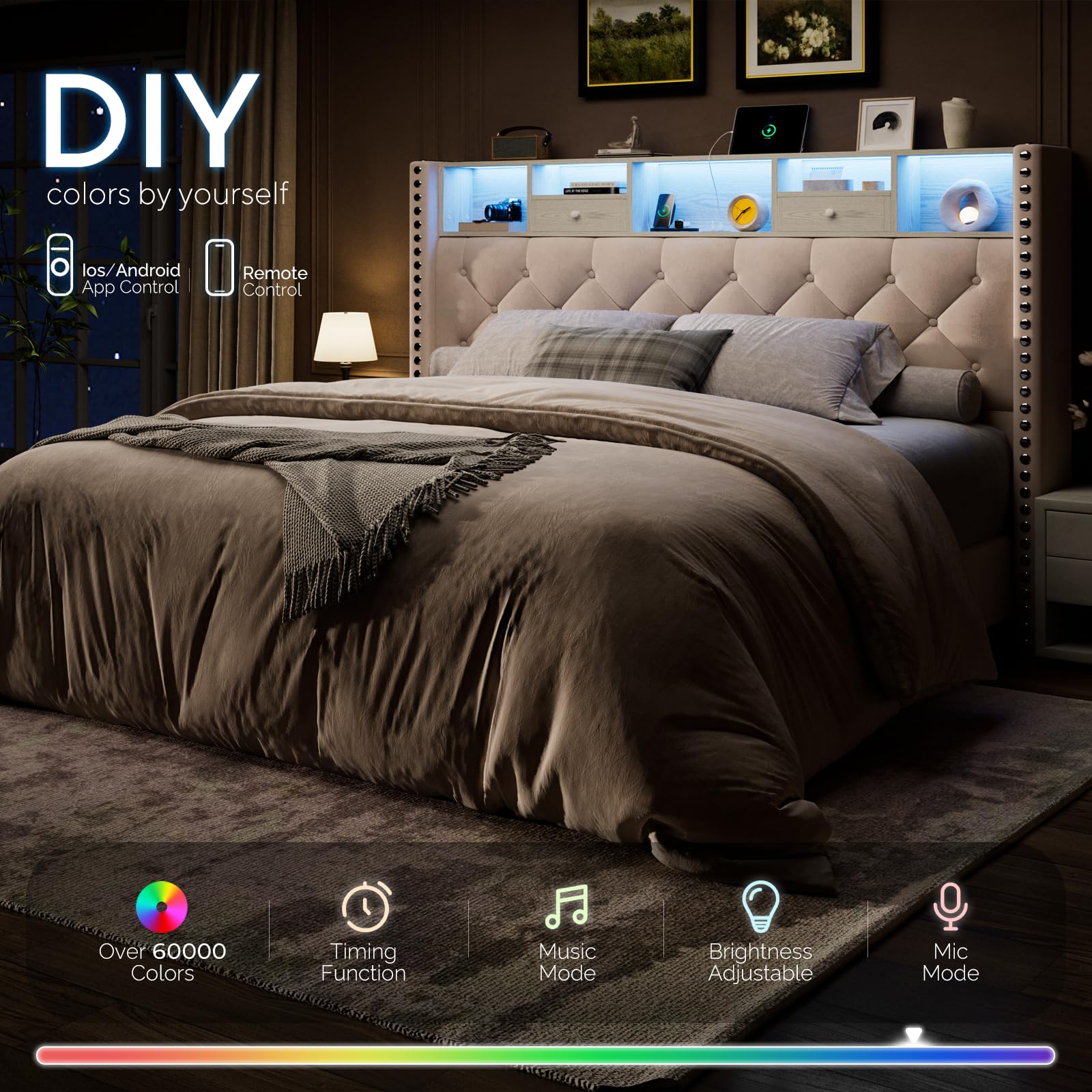 Upholstered Wingback Bed Frame with Storage & LED