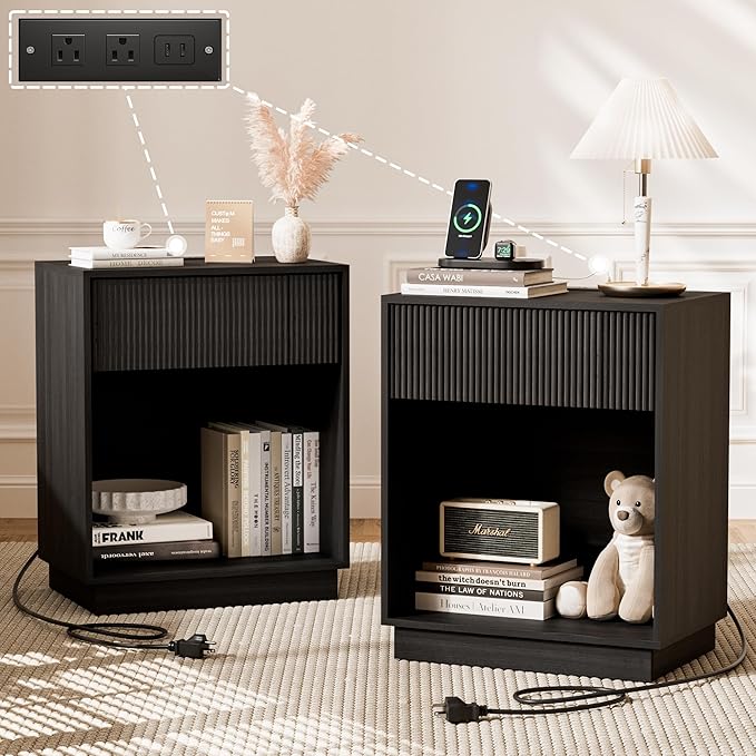 Fluted Nightstand Set of 2 with Charging Station