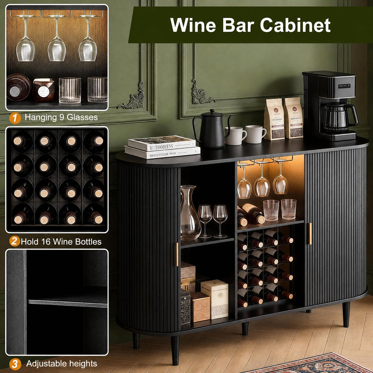 Black Fluted Wine Cabinet with LED Lights