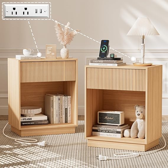 Fluted Nightstands Set of 2 with Charging Station