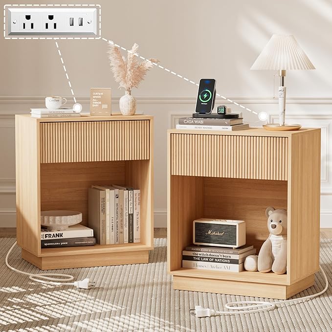 Fluted Nightstand Set of 2 with Charging Station