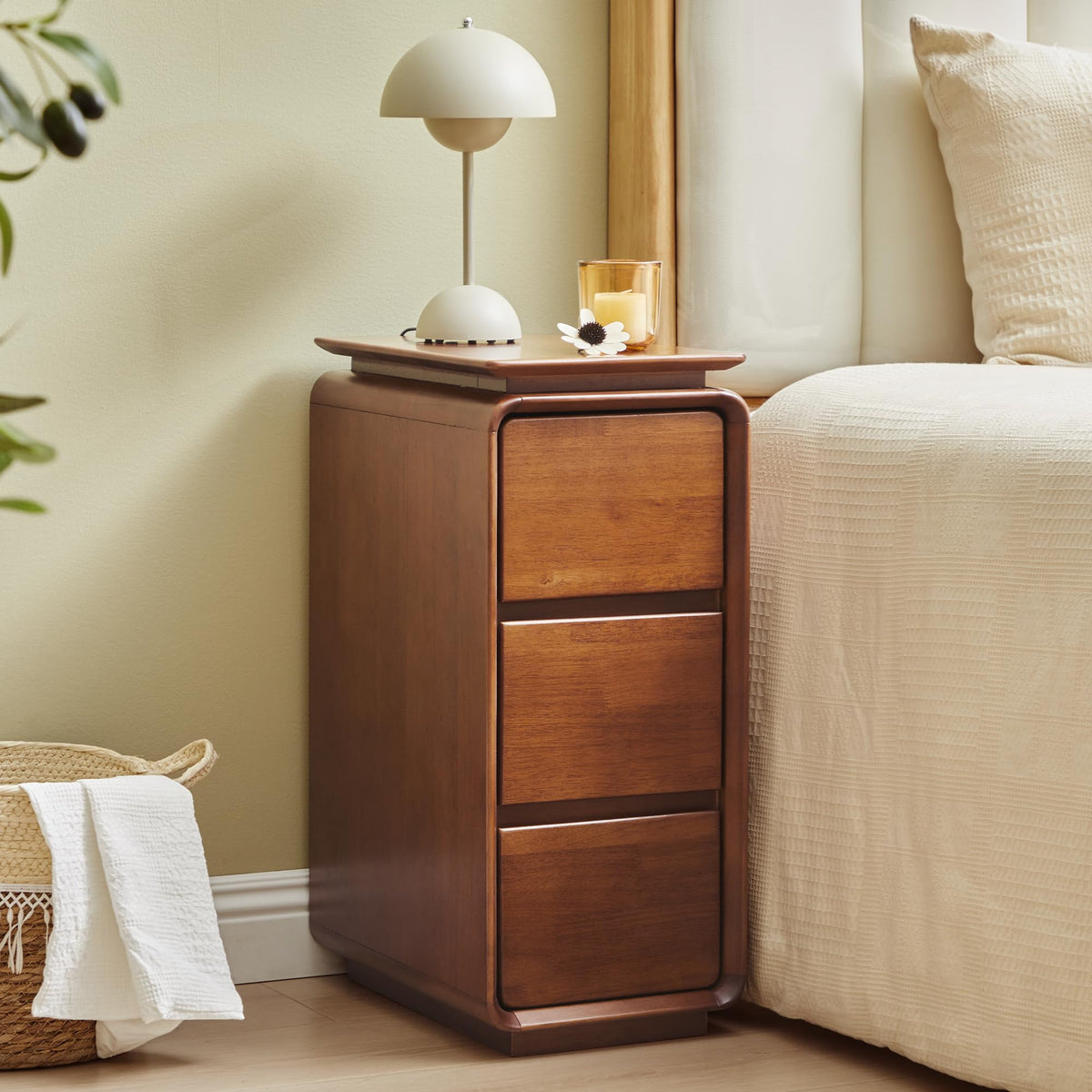 Solid Wood Nightstand, Fully Assembled Narrow Bedside Table for Bedroom